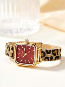 SUNLIFEX 1pc Ladies' Square Retro Elegant Quartz Watch,Gold Alloy Case,Simple White/Red Dial,Leopard Print Metal Mesh Strap,Suitable For Daily Wear&Gift Giving - Red - View 3