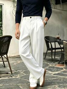 Men's Solid Color Double Pleated Wide Leg Casual Suit Pants, Elastic Waist Draped Straight Leg Trousers, Suitable For Weekend Business Travel, Commuting, Dating And Outdoor Activities - White - View 4