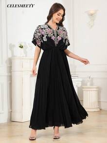 Luxury Royal Style Computer Sequin Beaded Embroidered Ball Gown, Elegant Black Striped Chiffon Batwing Sleeve Dress - Black - View 2