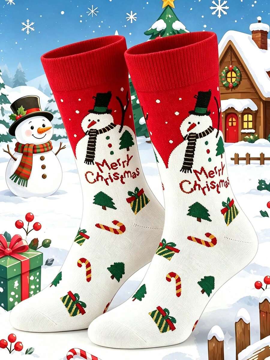 1 Pair Of Crew Sock, Men Funny Graphic Socks, Christmas Snowman Gift Box Candy Cane Pattern Socks, Soft Breathable, Christmas Gift For Men & Women - Multicolor - View 1