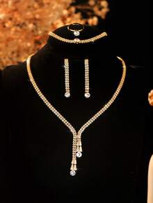 Set Perhiasan Kalung Desain Geometris 5pcs/Set, Cocok untuk Wanita dalam Perjalanan Sehari-hari, Pesta Perjamuan, Perhiasan Elegan dan Mewah - Emas - View 3