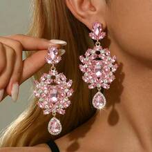 Women's Pink Flower Rhinestone Dangle Earrings, Zinc Alloy Lightweight Luxury Large Sparkling Diamond Drop Earrings, Wedding Party Accessories - Pink - View 3