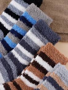 Random 5 Pairs Unisex Mid-Crew Socks - Stripe Color Block - Coral Fleece Thermal-Lined For Home Sleep Autumn Winter - Multicolor - View 5