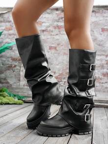Women's Ruched Tall Boots, New High Shaft Riding Boots, Platform Thick Sole Stacked Leg Boots, Knee-High Boots - Black - View 4