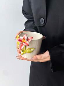 1pc Exquisite Hand-Sculpted Ceramic Coffee Mug, INS Style Highly Attractive 3D Embossed Pink Lily Coffee Cup, Aesthetic Healing Mug, Personalized Saudi National Day Gift, Ramadan, New Year Gift, Commercial Use - Multicolor - View 8