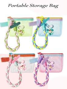 Reinforced Stitching Mesh Small 3C Storage Bag, Woven Handle Versatile Zipper Pouch, Suitable For Desktop And Travel Electronic Accessories Organization - Multicolor - View 1