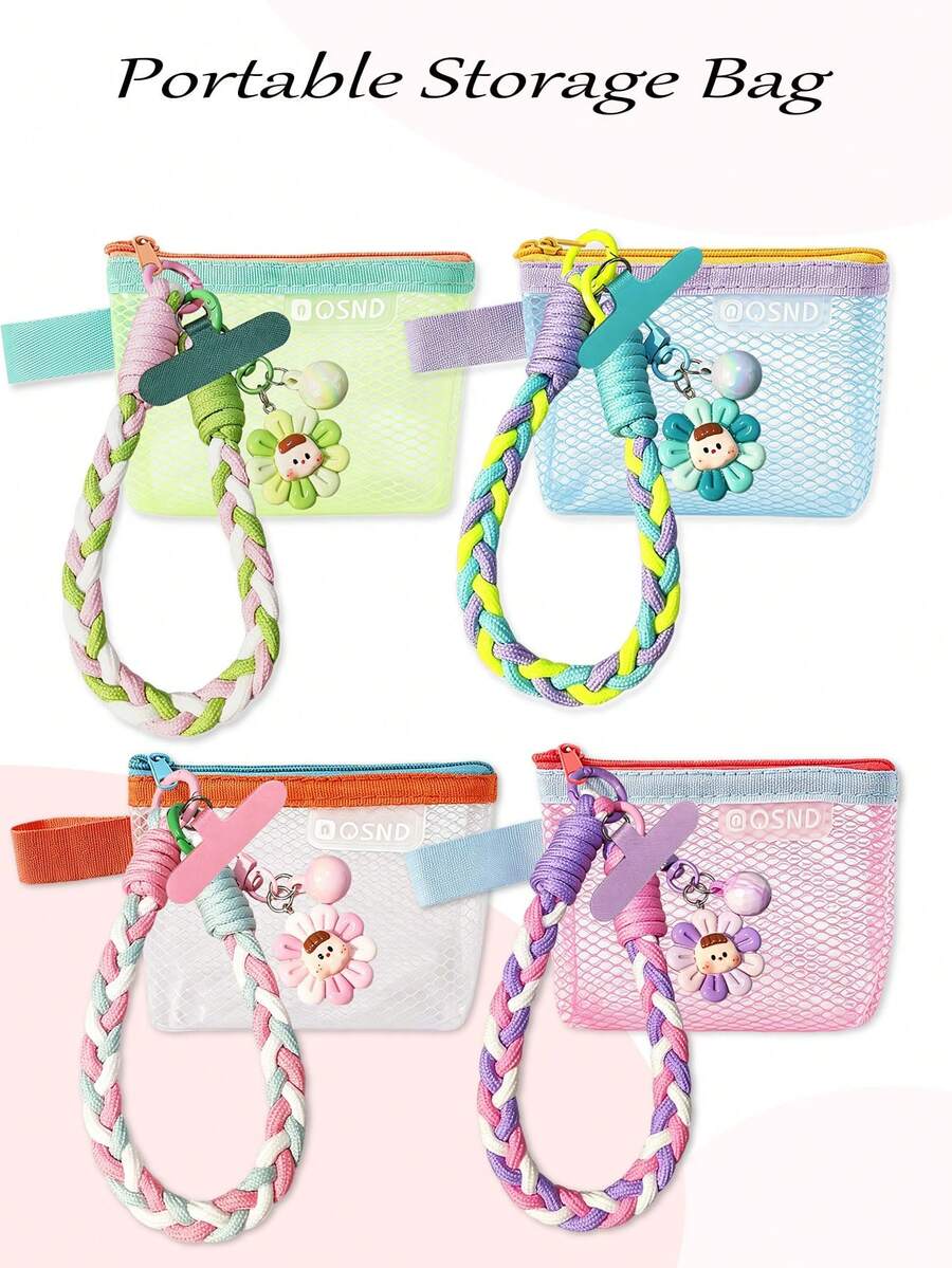 Reinforced Stitching Mesh Small 3C Storage Bag, Woven Handle Versatile Zipper Pouch, Suitable For Desktop And Travel Electronic Accessories Organization - Multicolor - View 1