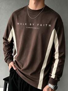 男士拼色側條紋 Walk By Faith 圓領長袖T恤，復古休閒寬鬆版上衣 - 棕色 - 查看 2