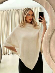 Women's Solid Color Loose Elegant Fashion Sweater Shawl, Autumn/Winter Medium-Thick Knit Shawl, Versatile Fashion Accessory - Apricot - View 1
