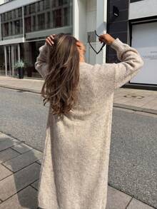 New Lazy Fluffy Soft Dropped Shoulder Lantern Long Sleeve Ribbed Cuff Double Side Pocket Design Knitted Wool Cardigan, French Gentle Casual Style, Daily Minimalist Commute Basic Outfit - Khaki - View 6