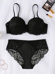 Lace Full Coverage Side Support Bra Set, Adjustable Thin Strap Bra, Matching Underwear Set - Black - View 1