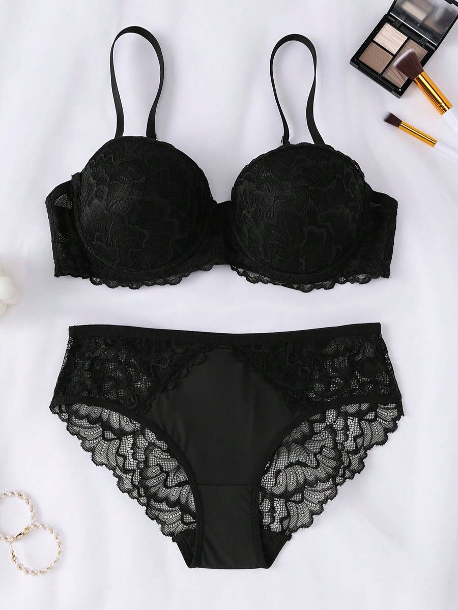 Lace Full Coverage Side Support Bra Set, Adjustable Thin Strap Bra, Matching Underwear Set - Black - View 1