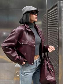 Women's Oversized Faux Leather Utility Jacket With Pockets & High Neck - Burgundy - View 3