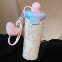 1PC 600ML Floral, Simple Butterfly, English Heart Pattern Stainless Steel Cup, Double-Use Coffee Cup, Portable Straw Cup, Lanyard Cup, Suitable For Office, School, Gift For Holidays/Birthdays, Coffee, Milk, Tea - Multicolor - View 7