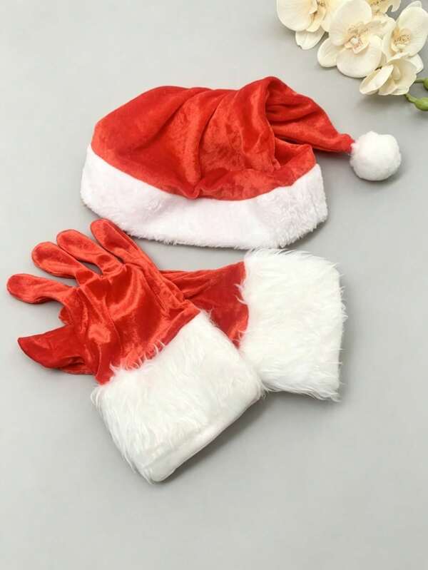 1 Set Santa Claus Costume Accessories (Santa Hat And Gloves), Cute Santa Hat With White Trim And Matching Gloves, Unisex, Christmas Outfit Roleplay Accessories, Christmas Gift,Halloween