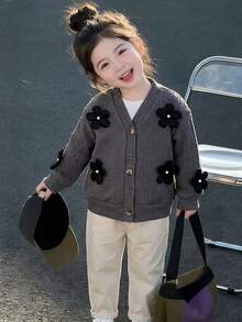Girls' Simple Elegant V-Neck Cable Knit Button Cardigan With 3D Flower And Pearl Decor Long Sleeve Jacket, Spring Autumn Winter - Grey - View 8