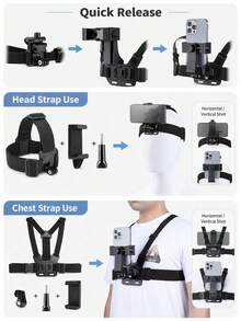 1 Set POV Phone Mount, Chest Strap/Head Strap First-Person Phone Holder, Adjustable Horizontal And Vertical Shooting Support, Suitable For Most Smartphones, Cycling, Hiking, Fishing, Outdoor Live Streaming, Video Recording And Sports Use - Multicolor - View 2