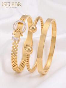 3pcs/Set 18K Gold Plated Stainless Steel Women's Stackable Bracelets, Waterproof & Anti-Oxidation, Roman Numeral Twisted Rope Design, Rhinestone Clasp, Bracelet Jewelry Set, Gift - Multicolor - View 9