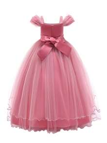 Tween Girl Long Tulle & Satin Solid Color Party Dress, Suitable For Evening Events, Headband Not Included - Pink - View 5
