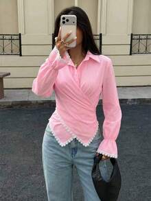 Top Feminina de Outono com Listras Finas e Gola, Bainha Assimétrica, Casual Elegante, Estilo Streetwear para Trabalho, Rosa - Rosa chiclete - Visão 10