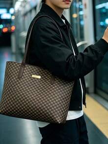 Men's Vintage Checkered Tote Bag Large Capacity Business Briefcase Shoulder Bag Multifunctional Work Office Laptop Handbag For Daily Commute Travel - Brown - View 9