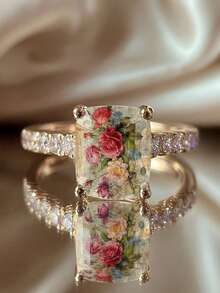 1pc Fashion Elegant Floral Print Ring, Versatile Finger Ring - Gold - View 2