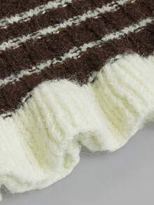 Women's Elegant Autumn Brown & White Striped Knit 2 Pieces Set, Long Sleeve Ruffle Cardigan & Mini Skirt, Party Casual Outing Outfit - Multicolor - View 4