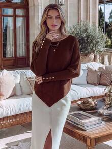 NiceArt Atasan Rajut Asimetris Wanita Warna Burgundy Chic untuk Musim Gugur, Sweater Bahu Terbuka dengan Kancing Manset Emas untuk Pakaian Sehari-hari, Kencan & Natal - Burgundy - View 3