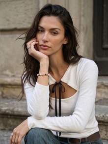 Autumn/Winter Sweet & Elegant Fitted Tie-Up Knit Sweater, Casual & Cute For Outings, Dating, Layering - White - View 9