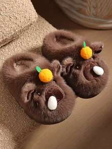 1 Pair Children's Thick Cute Bear Decor Fluffy House Slippers, Cute Animal Non-Slip Warm Indoor Home Shoes - Coffee Brown - View 2