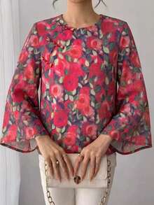 Spring/Autumn Women's Top Jacket, Chinese Style Rose Floral Print Round Neck Frog Button Long Sleeve Cheongsam Short Loose Fit Blouse With Bell Sleeves, Casual Fashion Elegant Hanfu - Hot Pink - View 4