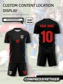 Customized Barcelona Style Football Outfit For Teenage Boys (Age 24-25): Personalized With Name And Number, Short Sleeve Jersey And Shorts, Quick-Dry Moisture-Wicking Fabric, Gift For Young Fans - Black - View 4