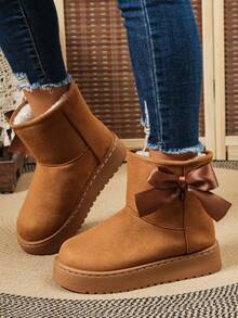 Solid Color Faux Suede Platform Ankle Snow Boots With Satin Bow Decor Fuzzy Lining For Women - Camel - View 3