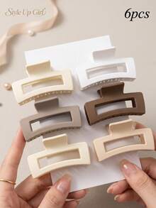 6pcs ABS Material Autumn/Winter Minimalist Matte Pink & Light Coffee Hollow Square Hair Clips, Multi-Functional Tea Party Updo Hair Accessories - 6-piece Set - Square - View 1