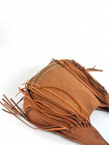 Women Hobo Crossbody Shoulder Bag,Curved Crescent Shape Suede Leather Fringe Tassel Silver Rivet,Adjustable Strap Bohemian Style Daily Travel - Multicolor - View 3