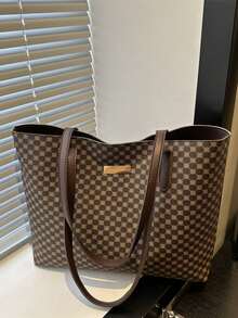 Men's Vintage Checkered Tote Bag Large Capacity Business Briefcase Shoulder Bag Multifunctional Work Office Laptop Handbag For Daily Commute Travel - Brown - View 7