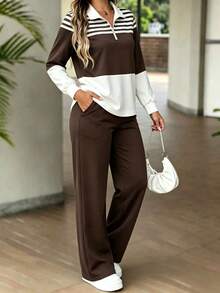 Women's Spring/Autumn New Fashion Colorblock Pullover Long Sleeve Top + High Waist Casual Versatile Straight Leg Pants 2-Piece Set - Dark Brown - View 4