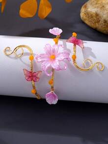 1件波西米亞風花卉蝴蝶開口手鐲臂環，海灘度假身體飾品 - 粉色 - 查看 3