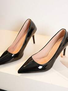 Women Glossy Pointed Toe Stiletto Heel Pumps, Slip On Solid Color Dress High Heels For Party Wedding Evening - Black - View 10