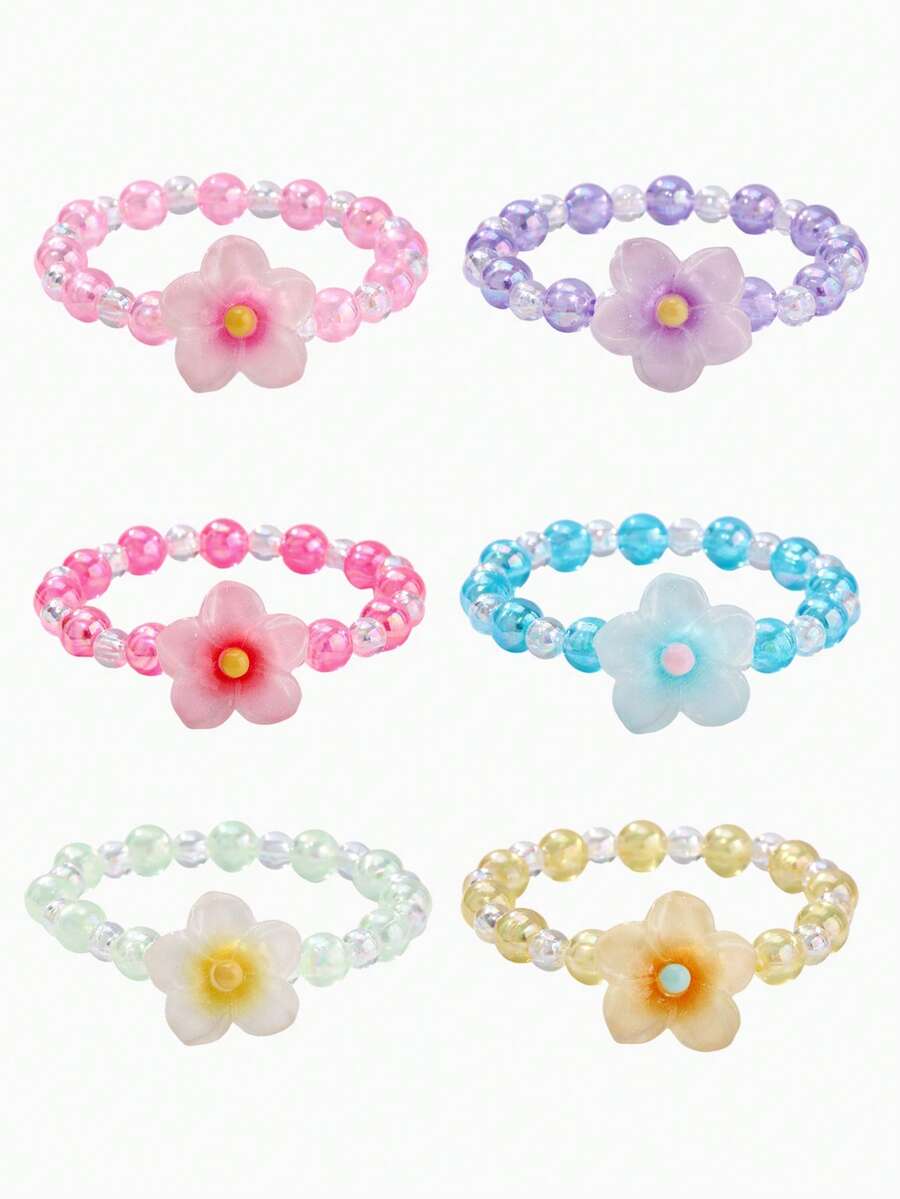 6Pcs Kids Flower Beaded Bracelet Set, Cute Hand Jewelry For Holiday Party, Ideal Birthday Gift For Little Girls