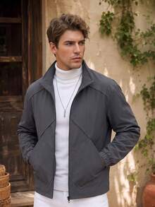 Men's Autumn Minimalist Thin Fashion Casual Raglan Sleeve Solid Color Stand Collar Jacket - Grey - View 1