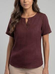 Aletheia - Blusa Feminina Manga Curta Decote V Tubinho Dunas Linho Blusas Femininas Elegante Camisetas - Marrom - Visão 6