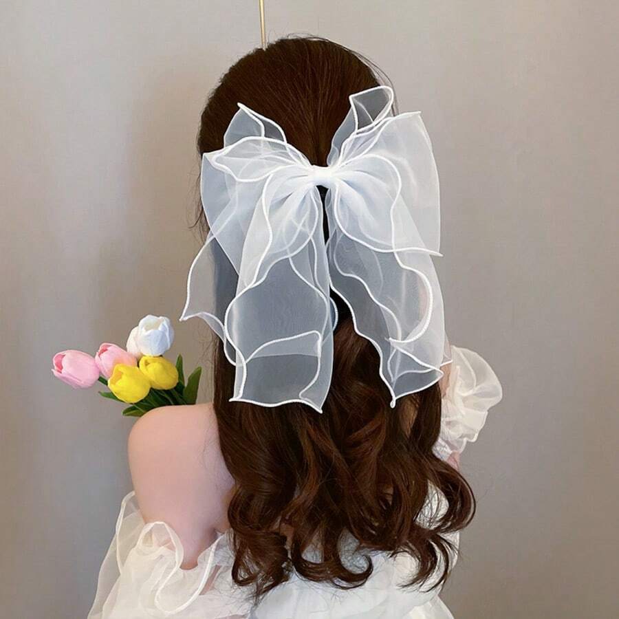 1PC White Organza Large Bow Hair Clip Elegant Mesh Ribbon Hairpin Delicate Wedding Bridal Party Hair Accessories For Women - White - View 1
