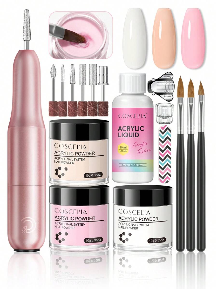 coscelia Acrylic Powder Nails Kit With Nail Drill 3 Colors Pink Clear White Acrylic Powder And Liquid Acrylic Nail Powder For Beginners DIY Acrylic Nail Extension - Multicolor - View 1