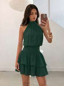Elegant Fashion Halter Neck Backless Layered Ruffle Mini Dress - Wedding Party Fall - Dark Green - View 10