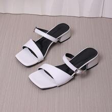 Women's White Square Toe Chunky Heel Sandals, Metal Buckle Decor, Comfortable Versatile Mid-Heel Sandals For Commute, Date, Outing - White - View 8