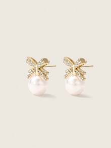 Valisandre Rhinestone Bow & Faux Pearl Design Stud Earrings - Multicolor - View 2