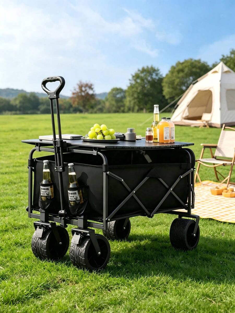 1 Piece Camping Trolley, Large Capacity And Strong Load-Bearing Capacity, Foldable For Space Saving; Equipped With Universal Wheels And Retractable Pull Rod, Portable For Outdoor Use - Multiple Specifications - View 1