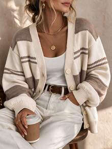 Women Casual Beige Brown Fall Color Block Knit Cardigan, Long Sleeve Button V Neck Loose Daily Outerwear - Multicolor - View 6