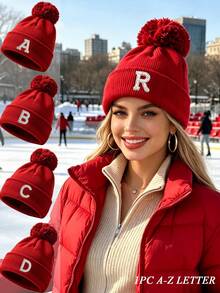 1pc Women's Red Folded Ribbed Knit Pom Pom Beanie, Pearl Rhinestone A-Z Letter Decor, Elastic Comfortable Warm, Autumn/Winter Campus Party Headwear - Red - View 1